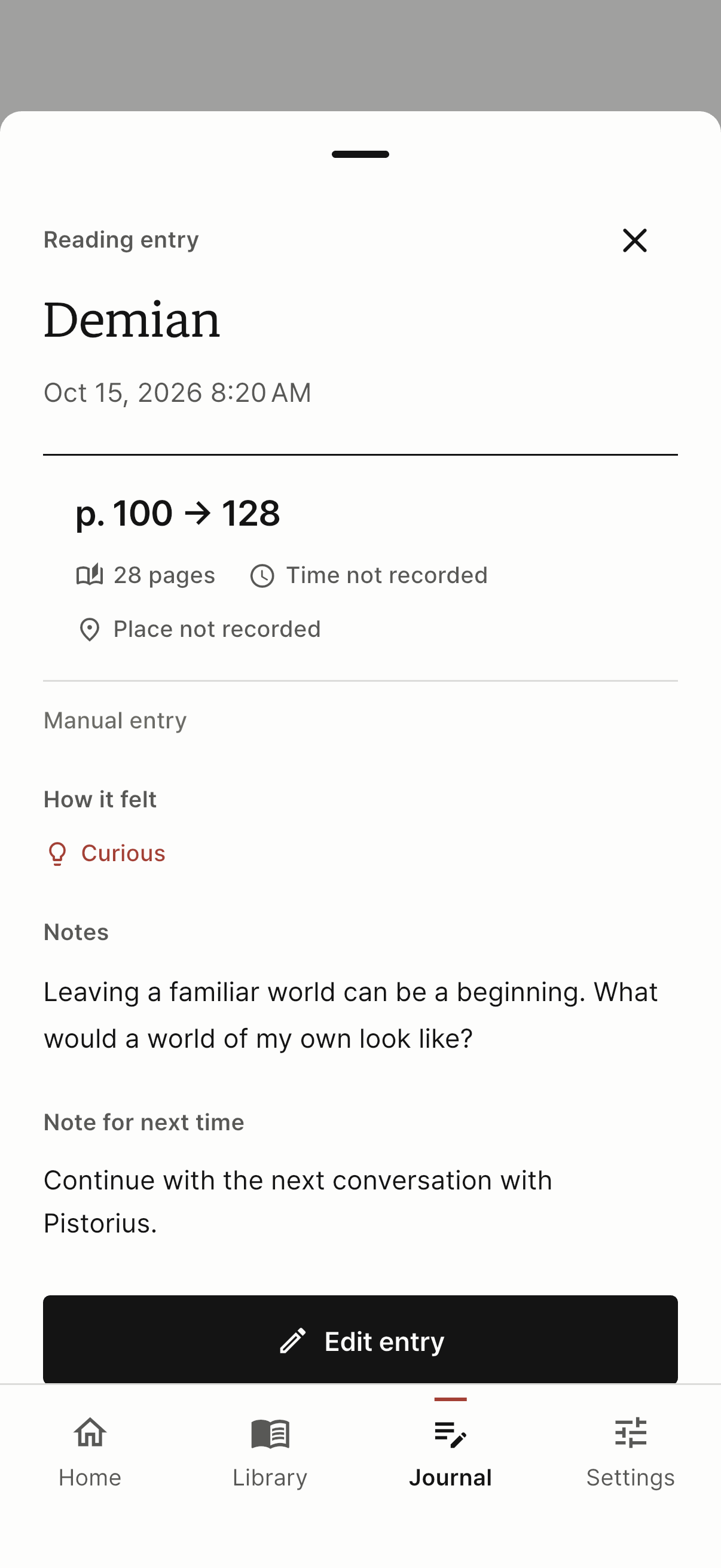 Reading entry with pages read, notes, and a reminder for next time