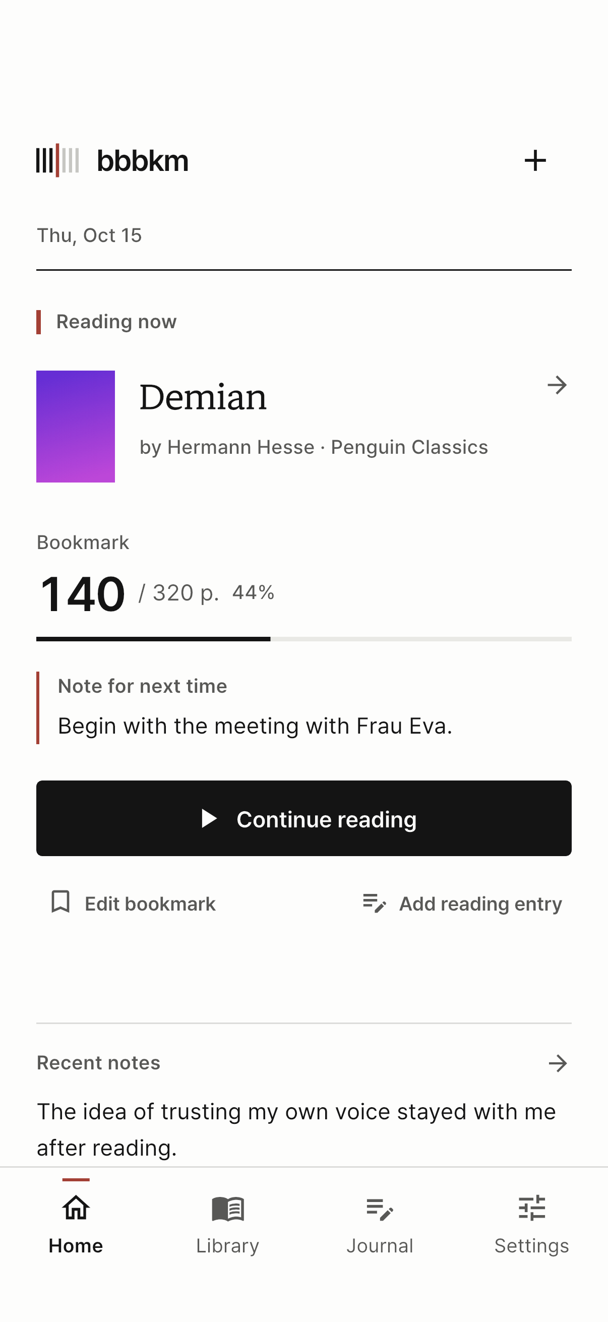 Home screen with a bookmark and a note for the next reading session