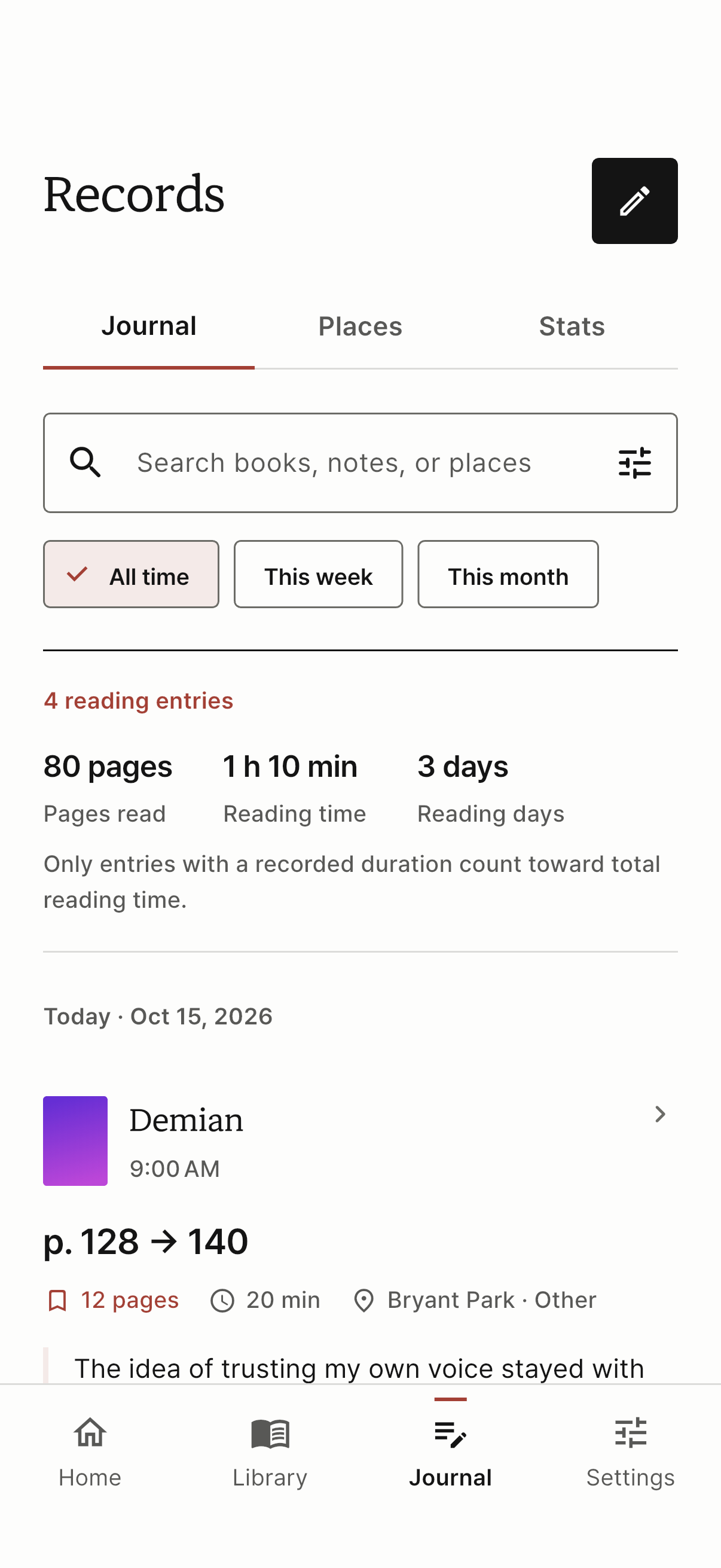 Reading journal showing timed sessions and manually added entries together