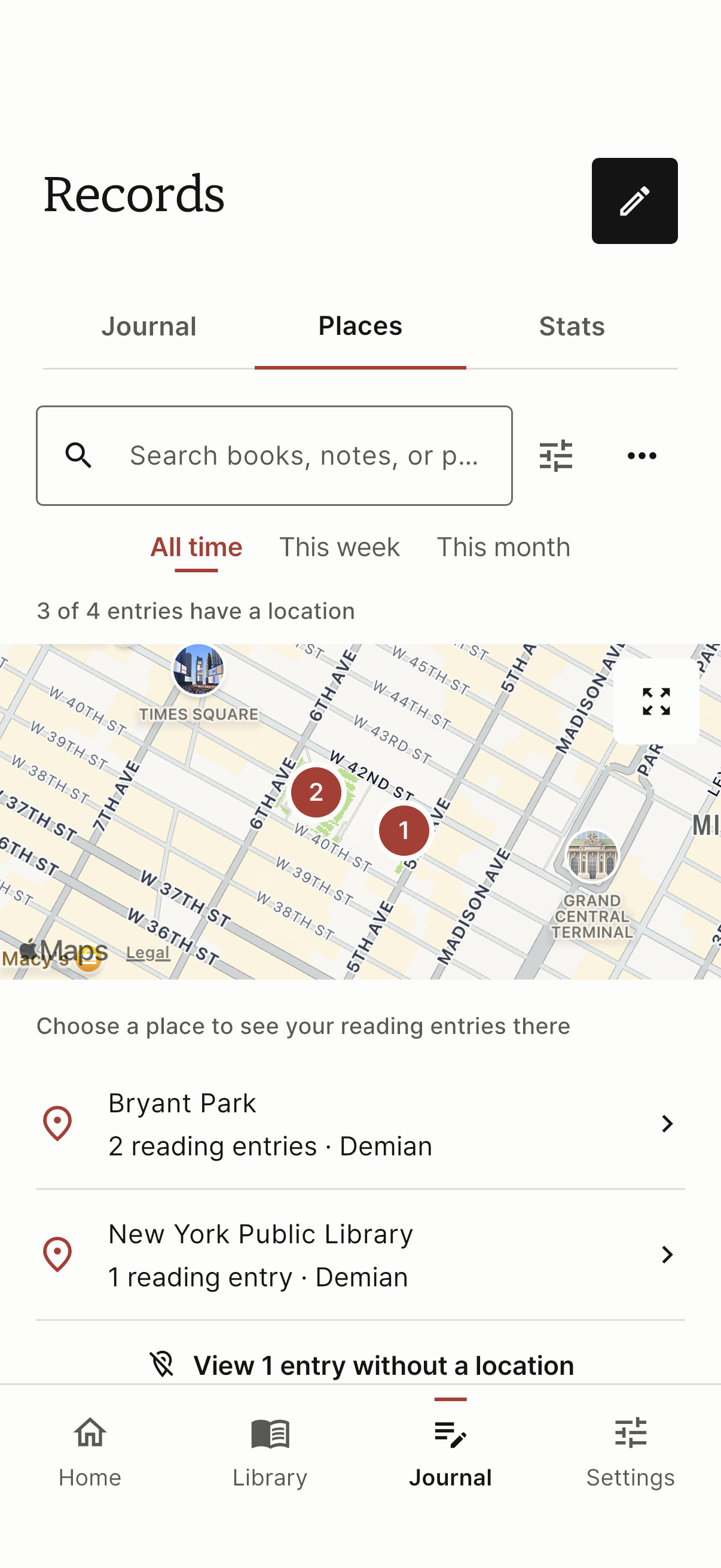 Places screen with sample reading locations on a map of New York